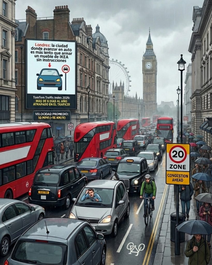 Londres: la ciudad donde avanzar en auto es más lento que armar un mueble de IKEA sin instrucciones Si vivís en Londres y alguna vez pensaste “esto no puede ser tan malo…”, tenemos malas noticias: la capital británica fue oficialmente coronada como la ciudad con el tráfico más lento del mundo entre las capitales. Según el TomTom Traffic Index 2025, el conductor londinense promedio pasó el equivalente a más de seis días enteros atrapado en el tráfico solo durante las horas pico del año, viajando apenas a 10 mph (unos ~16 km/h) en rutas típicas. Para ponerlo en perspectiva: Un trayecto de seis millas (≈9,6 km) llevó en promedio más de 35 minutos, cuatro veces más de lo que tomaría en un mundo ideal sin tráfico. Otro dato simpático (o trágico, depende cómo lo veas): cruzar 1 km te lleva 3 minutos y 38 segundos, en lugar de algo más razonable. Sí, en Londres podrías llegar tarde antes de haber siquiera salido de tu casa. ¿Y por qué es tan terrible? – Muchas calles datan de épocas en que los carruajes eran el transporte “rápido”, y no están pensadas para cientos de miles de autos modernos. – Los límites de velocidad generalizados de 20 mph (32 km/h) en gran parte de la ciudad —pensados para mejorar seguridad y reducir accidentes— hacen que avanzar sea lento aunque más seguro. En Europa, en el pasado Londres ya había liderado varios rankings de congestión, por encima de ciudades como París o Dublín. Si pensabas que Roma o Buenos Aires eran sinónimos de “atrapado en la ruta”, Londres te muestra otro nivel. Aquí el tráfico no es solo mala suerte, es patrimonio cultural urbano. ¿Soluciones? No hay varita mágica, pero se habla de: 🚴 Más transporte público y carriles bici 🚶 Más zonas peatonales 📉 Reducción de autos en el centro Y claro, si podés, mejor confía en el tube o el bus. Porque en Londres… esperar no es solo parte del viaje, es el viaje...